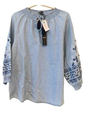 1250°C Women’s Size M Blue Embroidered Peasant Blouse Boho Smocked Neck Tie New